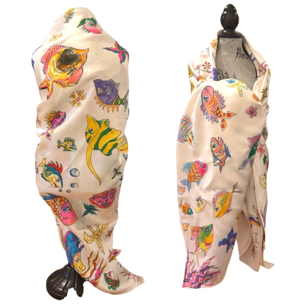 Hand painted signed silk/Satin scarf tropical fish one of a kind Original Spring - Picture 16 of 16
